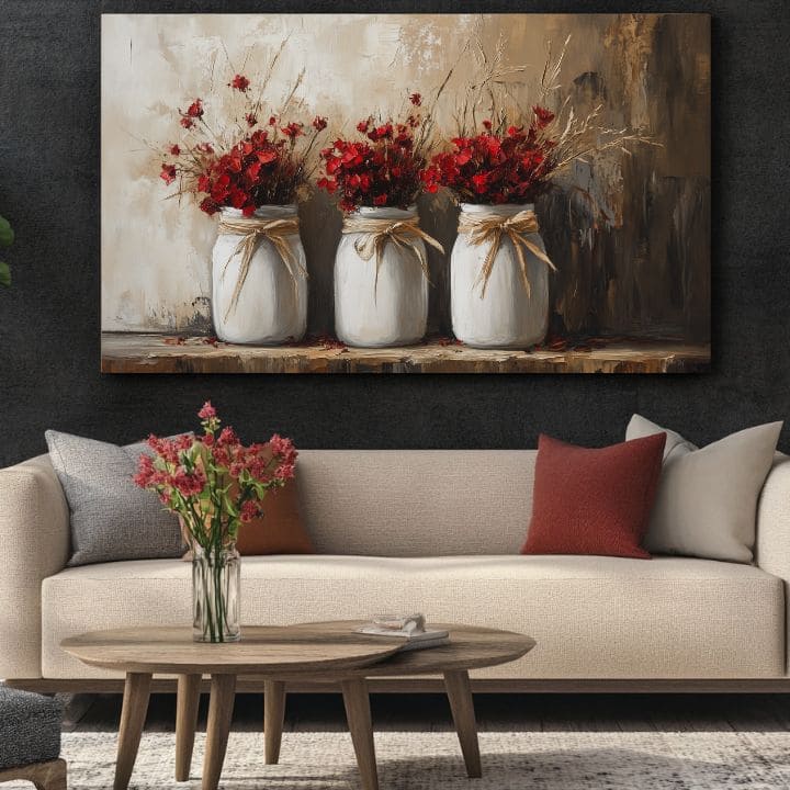 Ρουστίκ ζωγραφική | Άγρια λουλούδια σε βάζο | 100% αυθεντική ακρυλική ζωγραφική