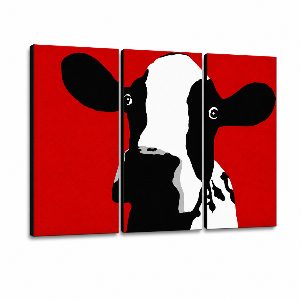 Χειροποίητη ζωγραφική POP Art αγελάδα αγελάδα 3 τεμαχίων αγελάδα – Τρισδιάστατη απεικόνιση του χειροποίητα ζωγραφισμένου καμβά σε λευκό φόντο. Κυρίαρχα χρώματα: μαύρο, λευκό, κόκκινο.
