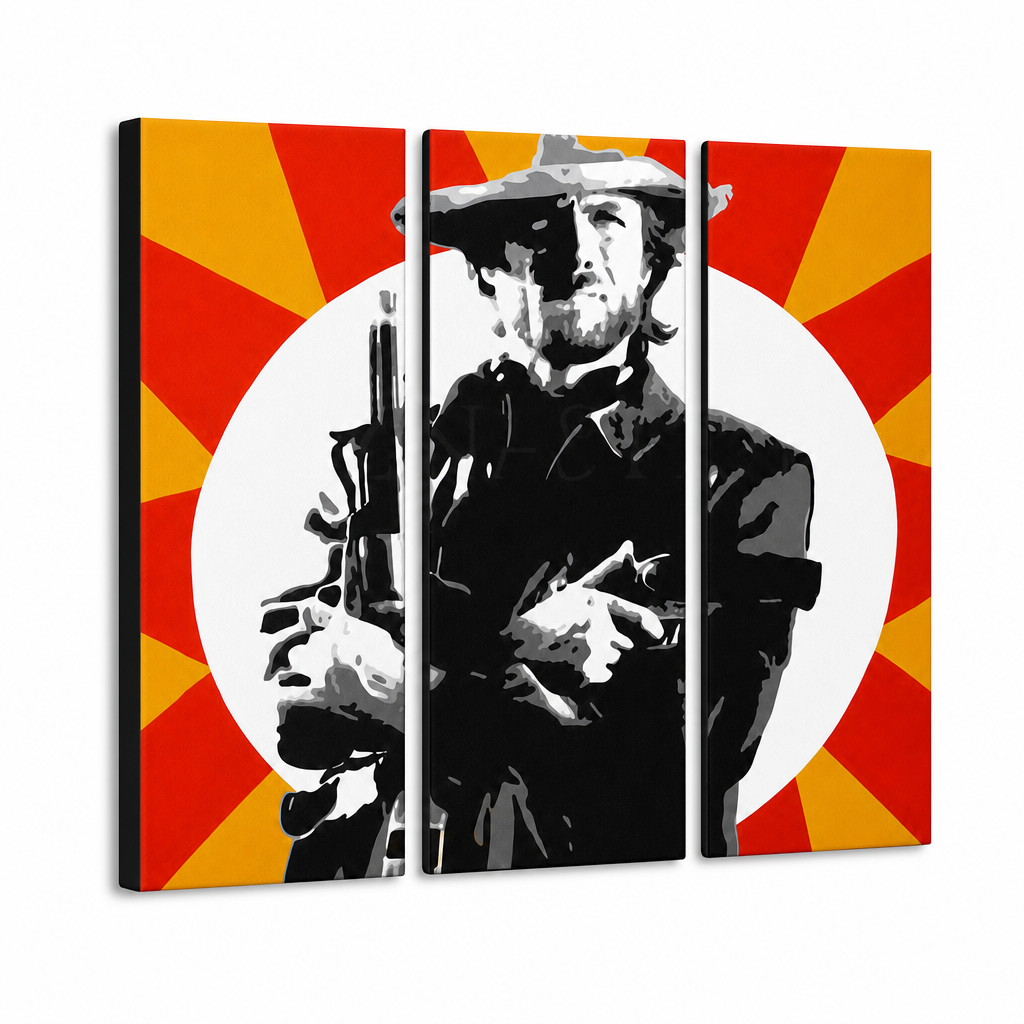 Χειροποίητη ζωγραφική POP Art Clint Eastwood 3 κομμάτι ce2 – Τρισδιάστατη απεικόνιση του χειροποίητα ζωγραφισμένου καμβά σε λευκό φόντο. Κυρίαρχα χρώματα: μαύρο, κίτρινο, κόκκινο, λευκό.