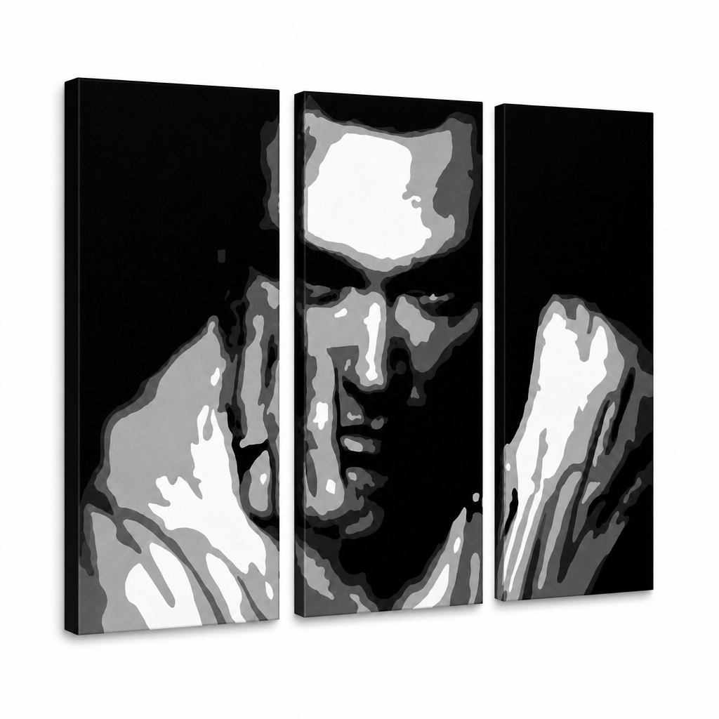 Χειροποίητη ζωγραφική POP Art Morrisey 3 κομμάτι πανούκλα – Τρισδιάστατη απεικόνιση του χειροποίητα ζωγραφισμένου καμβά σε λευκό φόντο. Κυρίαρχα χρώματα: μαύρο, λευκό, γκρι.