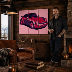 Χειροποίητη ζωγραφική POP Art PORSCHE 911 3 κομμάτι por3 – πίνακας σε μοντέρνο αντρικό εσωτερικό, lifestyle απεικόνιση. Κυρίαρχα χρώματα: κόκκινο, ροζ, μαύρο.