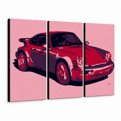 Χειροποίητη ζωγραφική POP Art PORSCHE 911 3 κομμάτι por3 – Τρισδιάστατη απεικόνιση του χειροποίητα ζωγραφισμένου καμβά σε λευκό φόντο. Κυρίαρχα χρώματα: κόκκινο, ροζ, μαύρο.
