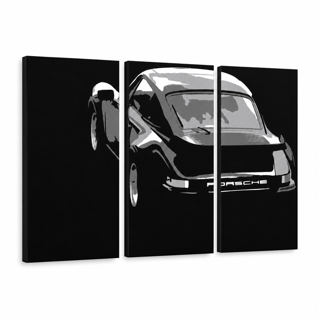Χειροποίητη ζωγραφική POP Art PORSCHE 911 3 κομμάτι por4 – Τρισδιάστατη απεικόνιση του χειροποίητα ζωγραφισμένου καμβά σε λευκό φόντο. Κυρίαρχα χρώματα: μαύρο, λευκό, γκρι.