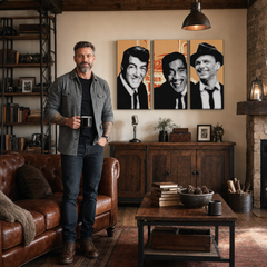 Χειροποίητη ζωγραφική POP Art Rat Pack 3 τεμαχίων rp3 – πίνακας σε μοντέρνο αντρικό εσωτερικό, lifestyle απεικόνιση. Κυρίαρχα χρώματα: μαύρο, λευκό, πορτοκαλί.