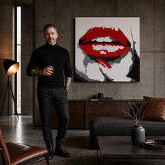Χειροποίητη ζωγραφική POP Art RED LIPS 1 τεμάχιο mund – πίνακας σε μοντέρνο αντρικό εσωτερικό, lifestyle απεικόνιση. Κυρίαρχα χρώματα: κόκκινο, μαύρο, λευκό.