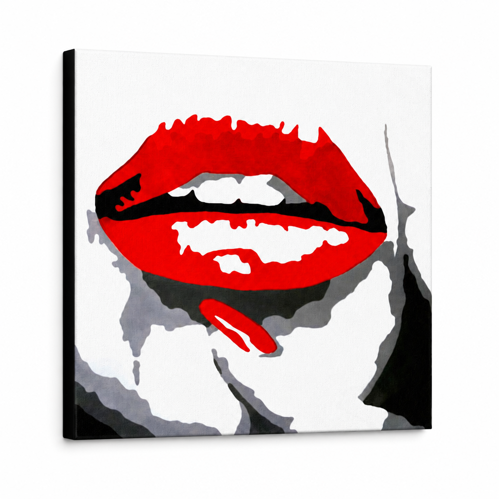 Χειροποίητη ζωγραφική POP Art RED LIPS 1 τεμάχιο mund – Τρισδιάστατη απεικόνιση του χειροποίητα ζωγραφισμένου καμβά σε λευκό φόντο. Κυρίαρχα χρώματα: κόκκινο, μαύρο, λευκό.
