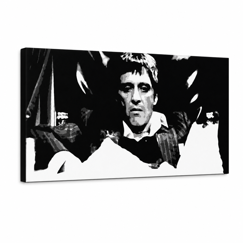 Χειροποίητη ζωγραφική POP Art Scarface 1 μέρος smk – Τρισδιάστατη απεικόνιση του χειροποίητα ζωγραφισμένου καμβά σε λευκό φόντο. Κυρίαρχα χρώματα: μαύρο, λευκό, γκρι.