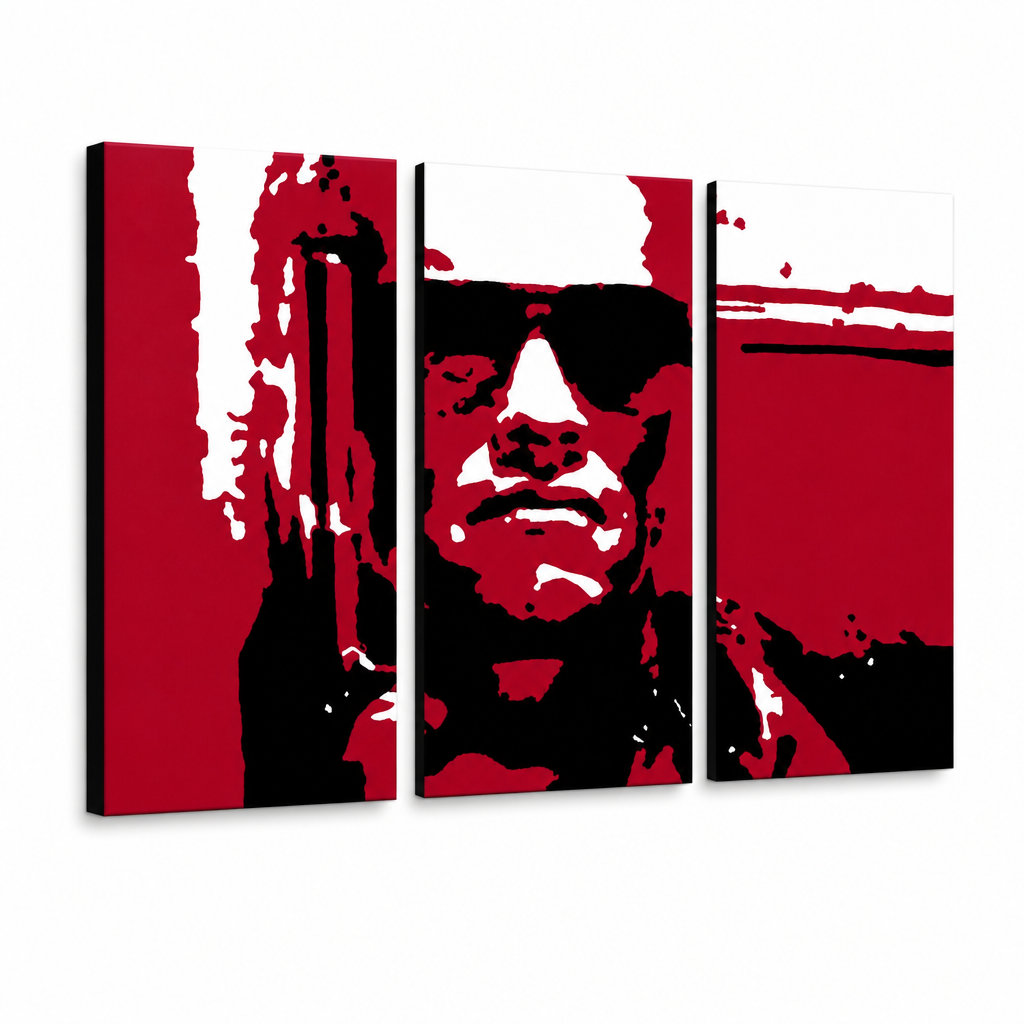 Χειροποίητη ζωγραφική POP Art Terminator 3 τεμάχια ter2 – Τρισδιάστατη απεικόνιση του χειροποίητα ζωγραφισμένου καμβά σε λευκό φόντο. Κυρίαρχα χρώματα: κόκκινο, μαύρο, γκρι.