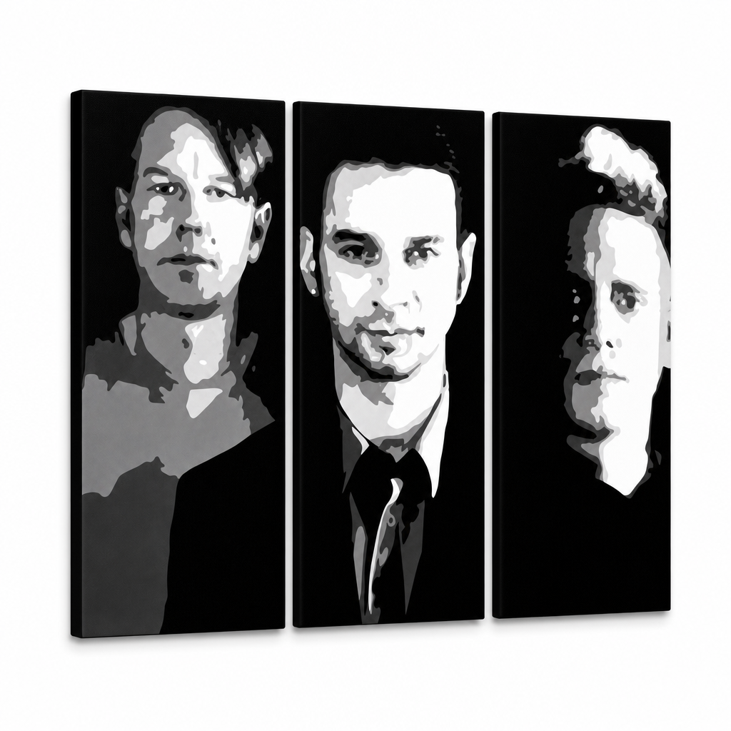 Χειροποίητη ζωγραφική POP Art των Depeche Mode 3 μέρη 000 dep – Τρισδιάστατη απεικόνιση του χειροποίητα ζωγραφισμένου καμβά σε λευκό φόντο. Κυρίαρχα χρώματα: μαύρο, λευκό, γκρι.