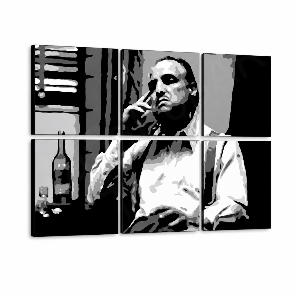 Χειροποίητη ζωγραφική POP Art ζωγραφική MARLON BRANDO 6-μέρος mb9 – Τρισδιάστατη απεικόνιση του χειροποίητα ζωγραφισμένου καμβά σε λευκό φόντο. Κυρίαρχα χρώματα: μαύρο, λευκό, γκρι.