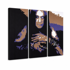 Χειροποίητη ζωγραφική POP Art ζωγραφική Ozzy Osbourne 3 κομμάτι Ozz – Τρισδιάστατη απεικόνιση του χειροποίητα ζωγραφισμένου καμβά σε λευκό φόντο. Κυρίαρχα χρώματα: μαύρο, μωβ, καφέ, λευκό, μπλε.