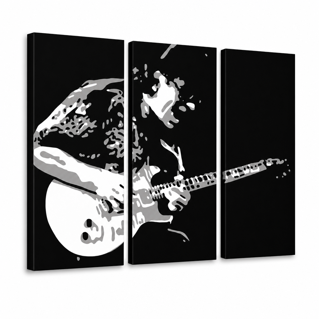 Χειροποίητη ζωγραφική POP Art ζωγραφική Santana 3 piece san – Τρισδιάστατη απεικόνιση του χειροποίητα ζωγραφισμένου καμβά σε λευκό φόντο. Κυρίαρχα χρώματα: μαύρο, λευκό, γκρι.