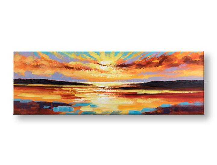 Papilora: Χειροποίητος πίνακας ζωγραφικής 150x50 cm με θέμα ένα εντυπωσιακό ηλιοβασίλεμα σε καμβά, με ζεστούς τόνους πορτοκαλί, κίτρινου και μωβ, σε τρισδιάστατη προβολή.