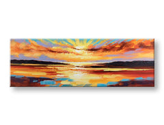 Papilora: Χειροποίητος πίνακας ζωγραφικής 150x50 cm με θέμα ένα εντυπωσιακό ηλιοβασίλεμα σε καμβά, με ζεστούς τόνους πορτοκαλί, κίτρινου και μωβ, σε τρισδιάστατη προβολή.