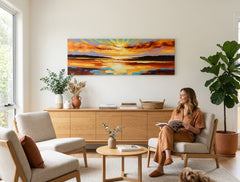 Μοντέρνος χειροποίητος πίνακας 150x50 cm με θέμα ηλιοβασίλεμα, κρεμασμένος σε φωτεινό σαλόνι, προσθέτοντας ζεστασιά και χρώμα στον χώρο.