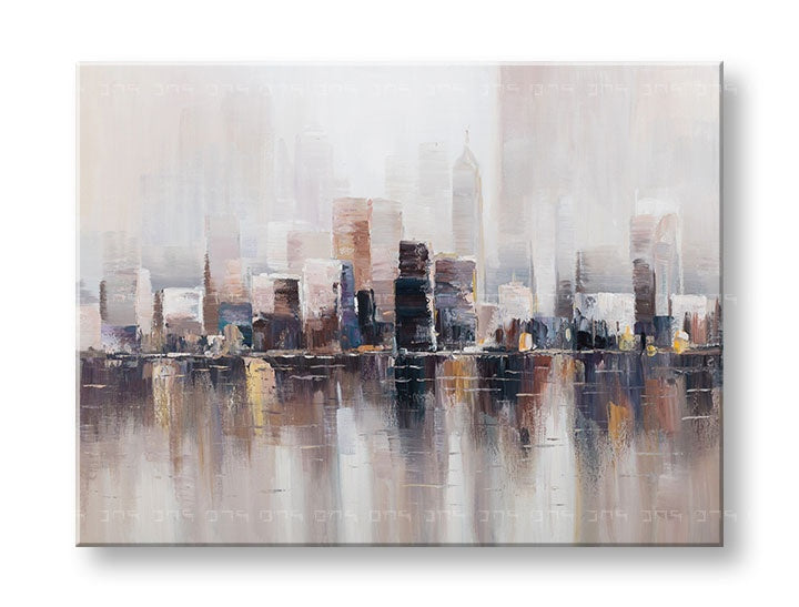 Papilora: Χειροποίητος πίνακας ΜΕΓΑΛΟΥΠΟΛΗ 120x90 cm, σε τρισδιάστατη προβολή, με μοντέρνα αρχιτεκτονική σε μπεζ, καφέ και χρυσές αποχρώσεις.