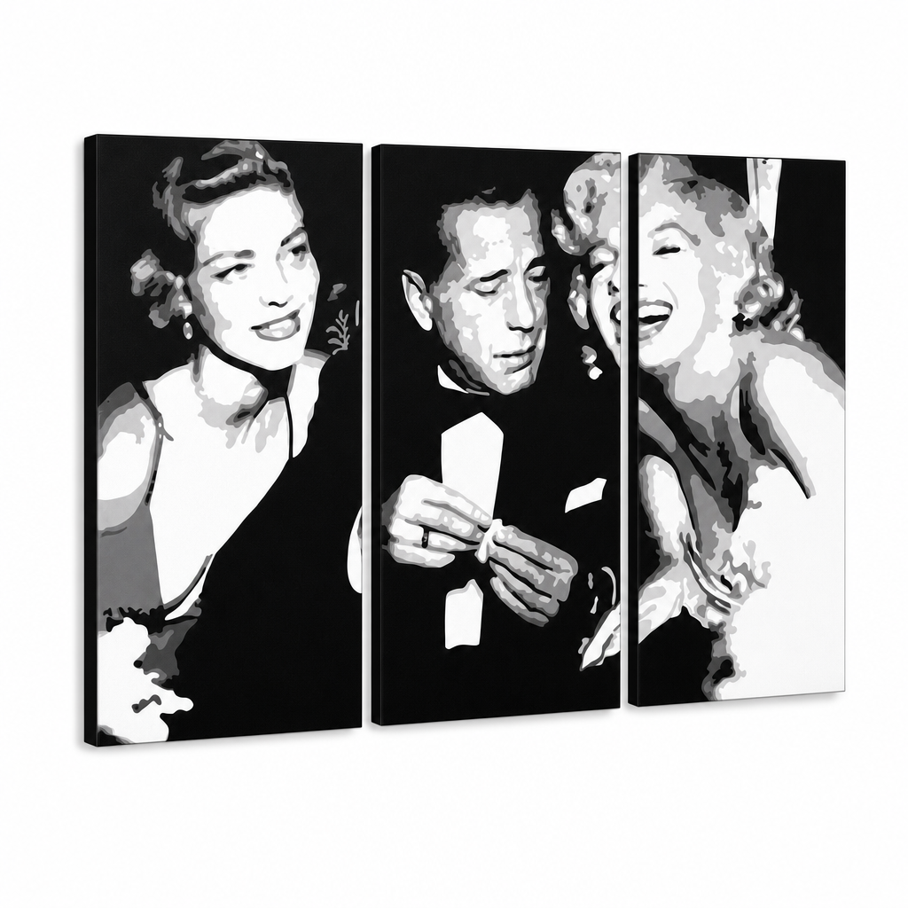 Χειροποίητος πίνακας ζωγραφικής POP Art AL Bogard 3 piece bog2 – Τρισδιάστατη απεικόνιση του χειροποίητα ζωγραφισμένου καμβά σε λευκό φόντο. Κυρίαρχα χρώματα: μαύρο, λευκό, γκρι.