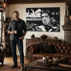 Χειροποίητος πίνακας ζωγραφικής POP Art AL PACINO 1 τεμάχιο al13 – πίνακας σε μοντέρνο αντρικό εσωτερικό, lifestyle απεικόνιση. Κυρίαρχα χρώματα: μαύρο, λευκό, γκρι.