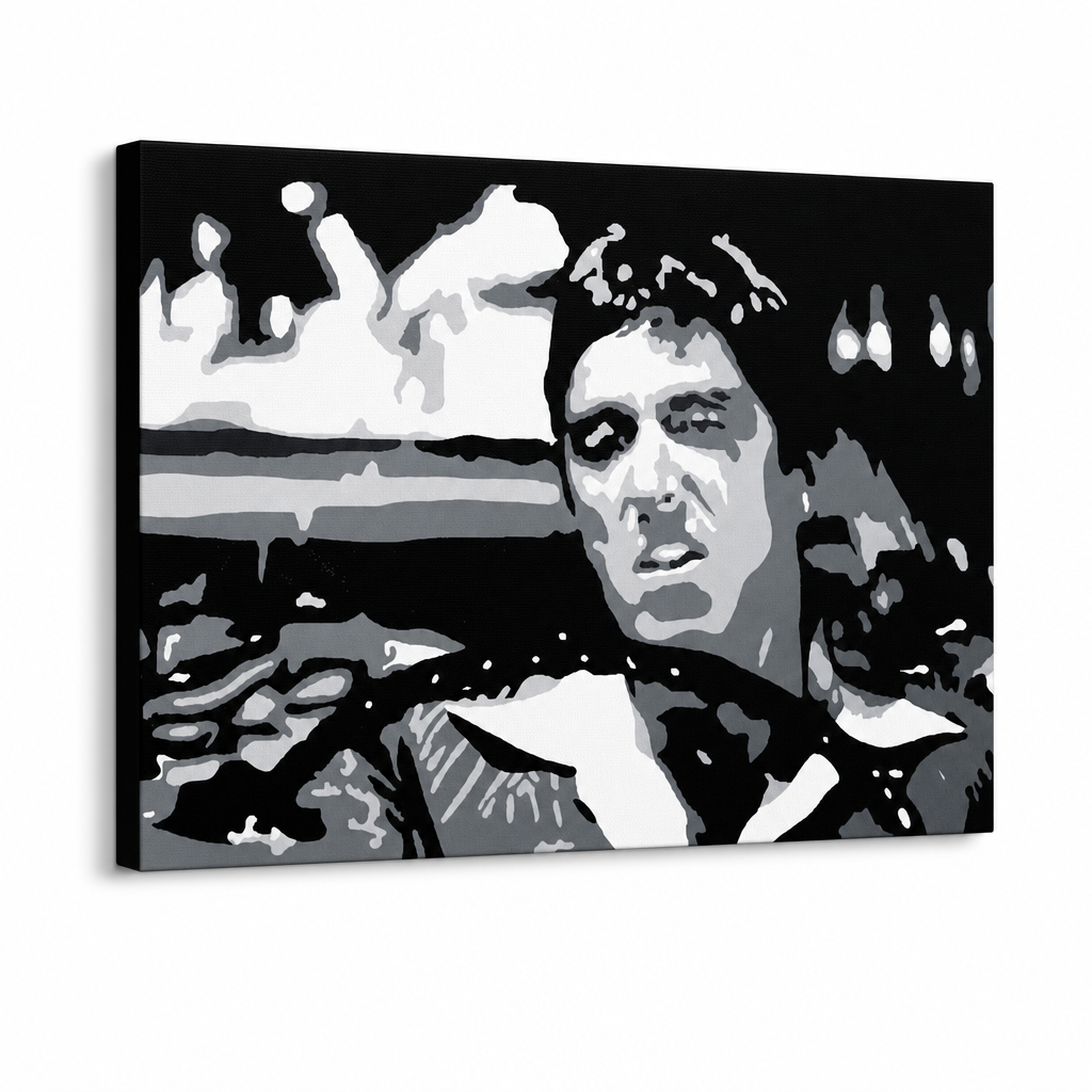 Χειροποίητος πίνακας ζωγραφικής POP Art AL PACINO 1 τεμάχιο al13 – Τρισδιάστατη απεικόνιση του χειροποίητα ζωγραφισμένου καμβά σε λευκό φόντο. Κυρίαρχα χρώματα: μαύρο, λευκό, γκρι.