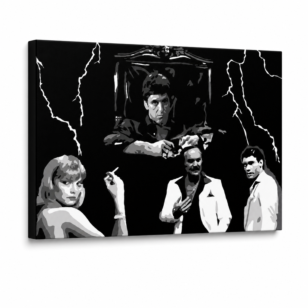Χειροποίητος πίνακας ζωγραφικής POP Art AL PACINO 1 τεμάχιο al15 – Τρισδιάστατη απεικόνιση του χειροποίητα ζωγραφισμένου καμβά σε λευκό φόντο. Κυρίαρχα χρώματα: μαύρο, λευκό, γκρι.