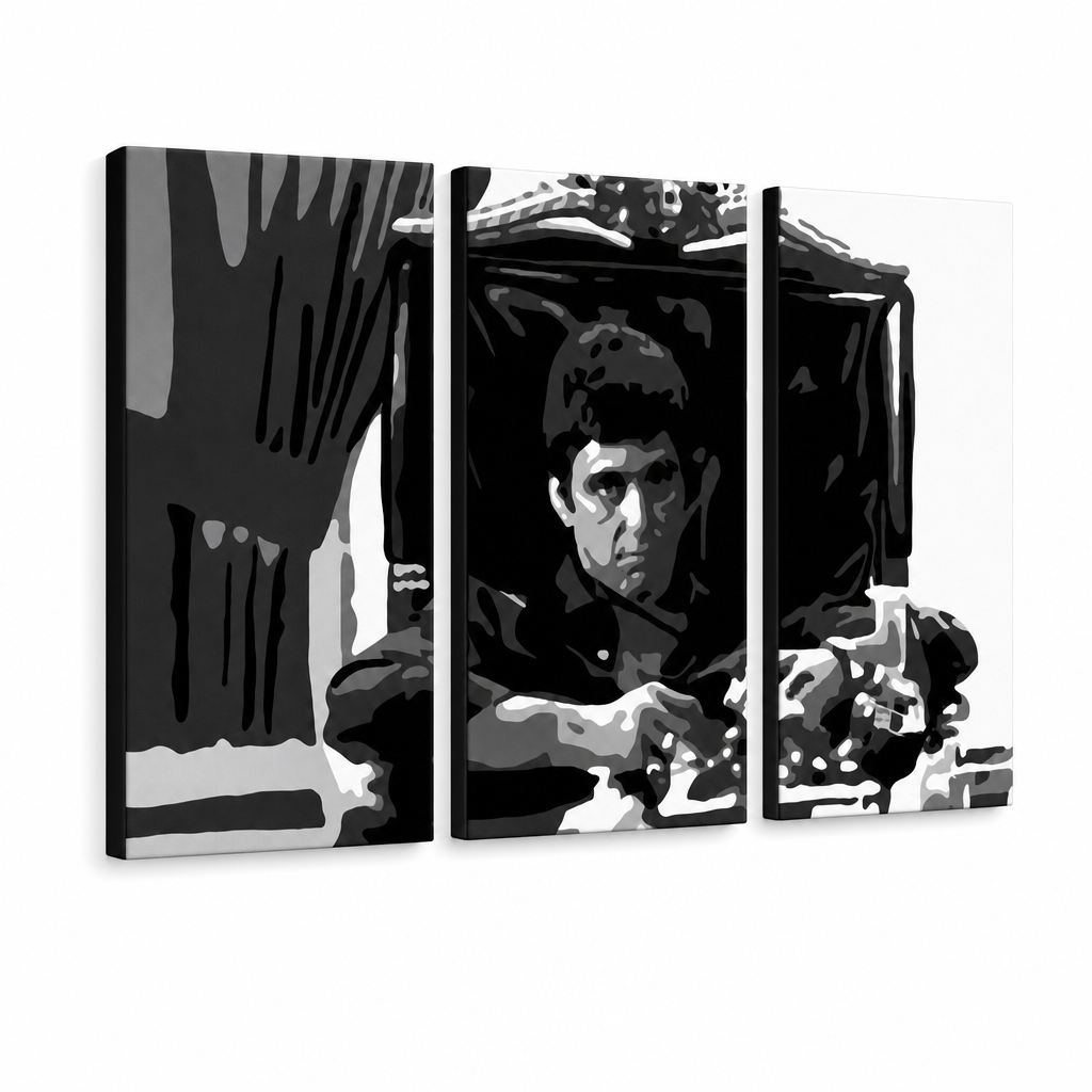 Χειροποίητος πίνακας ζωγραφικής POP Art AL PACINO 3 τεμάχια al18 – Τρισδιάστατη απεικόνιση του χειροποίητα ζωγραφισμένου καμβά σε λευκό φόντο. Κυρίαρχα χρώματα: μαύρο, λευκό, γκρι.
