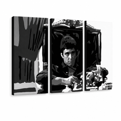 Χειροποίητος πίνακας ζωγραφικής POP Art AL PACINO 3 τεμάχια al18 – Τρισδιάστατη απεικόνιση του χειροποίητα ζωγραφισμένου καμβά σε λευκό φόντο. Κυρίαρχα χρώματα: μαύρο, λευκό, γκρι.