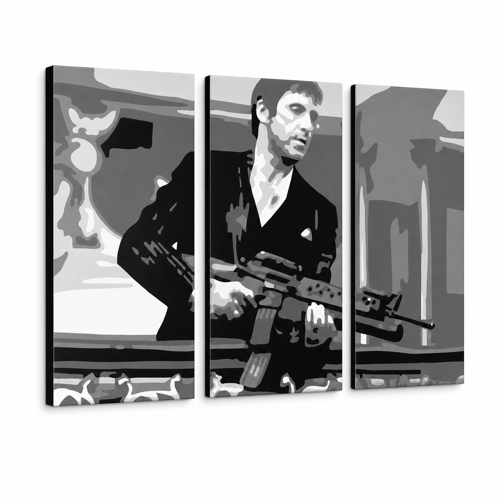 Χειροποίητος πίνακας ζωγραφικής POP Art AL PACINO 3 τεμάχια al2 – Τρισδιάστατη απεικόνιση του χειροποίητα ζωγραφισμένου καμβά σε λευκό φόντο. Κυρίαρχα χρώματα: μαύρο, γκρι, λευκό.