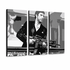 Χειροποίητος πίνακας ζωγραφικής POP Art AL PACINO 3 τεμάχια al2 – Τρισδιάστατη απεικόνιση του χειροποίητα ζωγραφισμένου καμβά σε λευκό φόντο. Κυρίαρχα χρώματα: μαύρο, γκρι, λευκό.