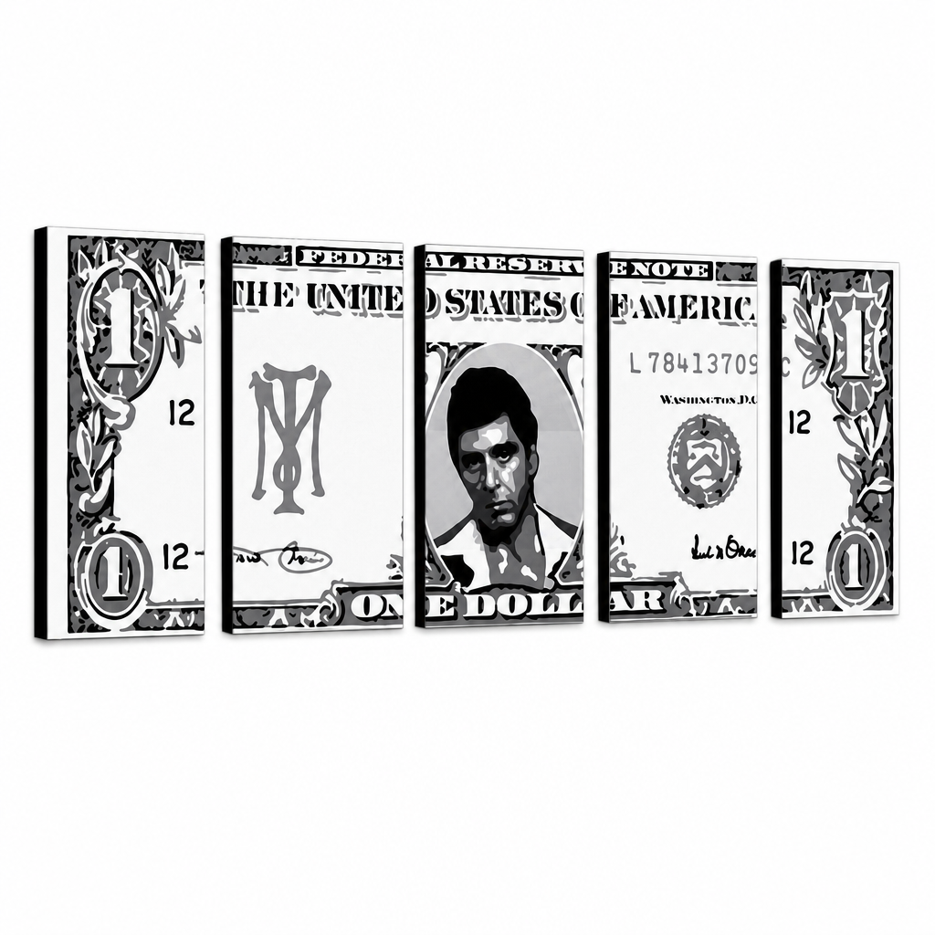 Χειροποίητος πίνακας ζωγραφικής POP Art AL PACINO 5 τεμαχίων al3 – Τρισδιάστατη απεικόνιση του χειροποίητα ζωγραφισμένου καμβά σε λευκό φόντο. Κυρίαρχα χρώματα: μαύρο, λευκό, γκρι.