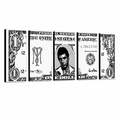 Χειροποίητος πίνακας ζωγραφικής POP Art AL PACINO 5 τεμαχίων al3 – Τρισδιάστατη απεικόνιση του χειροποίητα ζωγραφισμένου καμβά σε λευκό φόντο. Κυρίαρχα χρώματα: μαύρο, λευκό, γκρι.