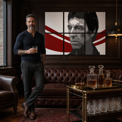 Χειροποίητος πίνακας ζωγραφικής POP Art AL PACINO 6-μέρος al6 – πίνακας σε μοντέρνο αντρικό εσωτερικό, lifestyle απεικόνιση. Κυρίαρχα χρώματα: μαύρο, κόκκινο, λευκό.