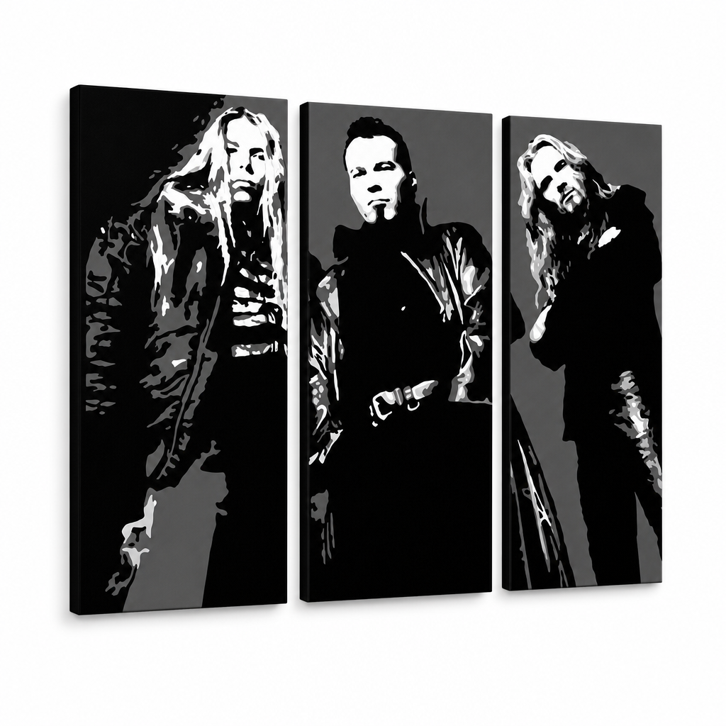 Χειροποίητος πίνακας ζωγραφικής POP Art Apocalyptica 3 part apo – Τρισδιάστατη απεικόνιση του χειροποίητα ζωγραφισμένου καμβά σε λευκό φόντο. Κυρίαρχα χρώματα: μαύρο, λευκό, γκρι.