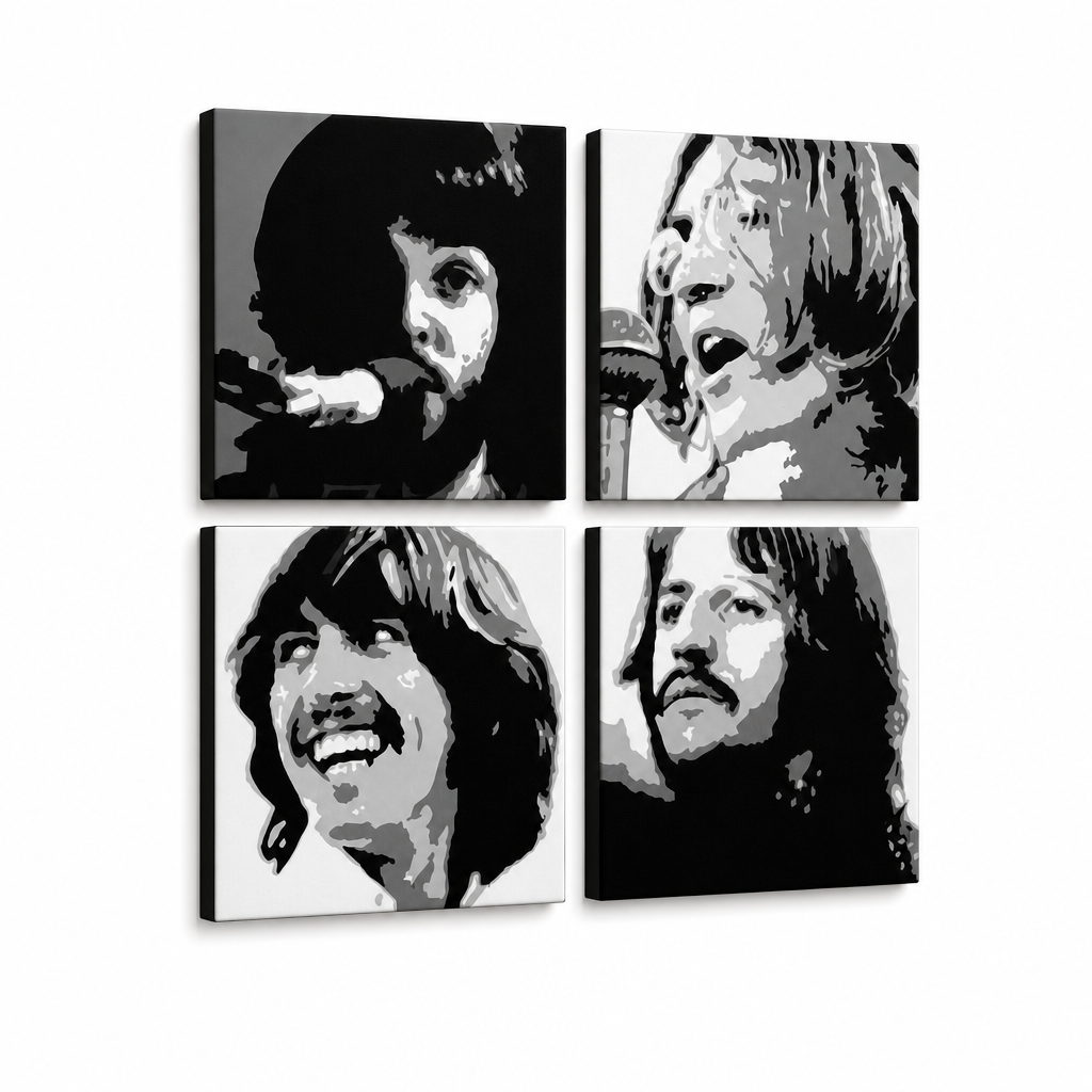 Χειροποίητος πίνακας ζωγραφικής POP Art BEATLES 4 τεμαχίων bea4 – Τρισδιάστατη απεικόνιση του χειροποίητα ζωγραφισμένου καμβά σε λευκό φόντο. Κυρίαρχα χρώματα: μαύρο, λευκό, γκρι.