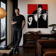 Χειροποίητος πίνακας ζωγραφικής POP Art BEATLES 4 τεμαχίων bea7 – πίνακας σε μοντέρνο αντρικό εσωτερικό, lifestyle απεικόνιση. Κυρίαρχα χρώματα: κόκκινο, μαύρο, λευκό, γκρι.