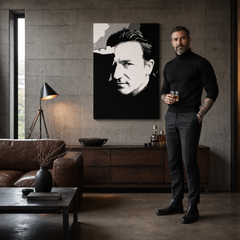 Χειροποίητος πίνακας ζωγραφικής POP Art Bono-U2 1 τεμάχιο bono – πίνακας σε μοντέρνο αντρικό εσωτερικό, lifestyle απεικόνιση. Κυρίαρχα χρώματα: μαύρο, λευκό, γκρι.