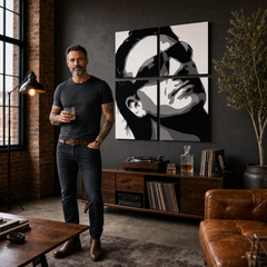 Χειροποίητος πίνακας ζωγραφικής POP Art Bono-U2 4 τεμάχια bono2 – πίνακας σε μοντέρνο αντρικό εσωτερικό, lifestyle απεικόνιση. Κυρίαρχα χρώματα: μαύρο, λευκό, γκρι.