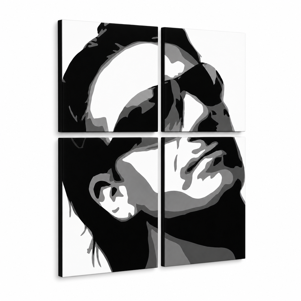 Χειροποίητος πίνακας ζωγραφικής POP Art Bono-U2 4 τεμάχια bono2 – Τρισδιάστατη απεικόνιση του χειροποίητα ζωγραφισμένου καμβά σε λευκό φόντο. Κυρίαρχα χρώματα: μαύρο, λευκό, γκρι.