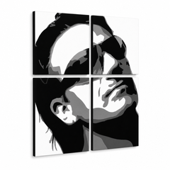 Χειροποίητος πίνακας ζωγραφικής POP Art Bono-U2 4 τεμάχια bono2 – Τρισδιάστατη απεικόνιση του χειροποίητα ζωγραφισμένου καμβά σε λευκό φόντο. Κυρίαρχα χρώματα: μαύρο, λευκό, γκρι.