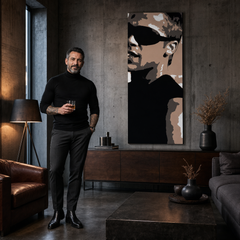 Χειροποίητος πίνακας ζωγραφικής POP Art Brad Pitt 1 τεμάχιο bp – πίνακας σε μοντέρνο αντρικό εσωτερικό, lifestyle απεικόνιση. Κυρίαρχα χρώματα: μαύρο, καφέ, λευκό.