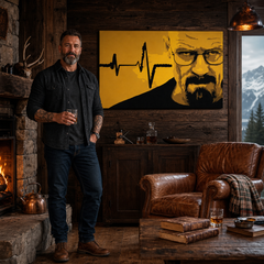 Χειροποίητος πίνακας ζωγραφικής POP Art BREAKING BAD 1 τεμάχιο brb2 – πίνακας σε μοντέρνο αντρικό εσωτερικό, lifestyle απεικόνιση. Κυρίαρχα χρώματα: κίτρινο, μαύρο, καφέ.