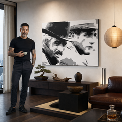 Χειροποίητος πίνακας ζωγραφικής POP Art Butch Cassidy 1 κομμάτι bc – πίνακας σε μοντέρνο αντρικό εσωτερικό, lifestyle απεικόνιση. Κυρίαρχα χρώματα: μαύρο, λευκό, γκρι.