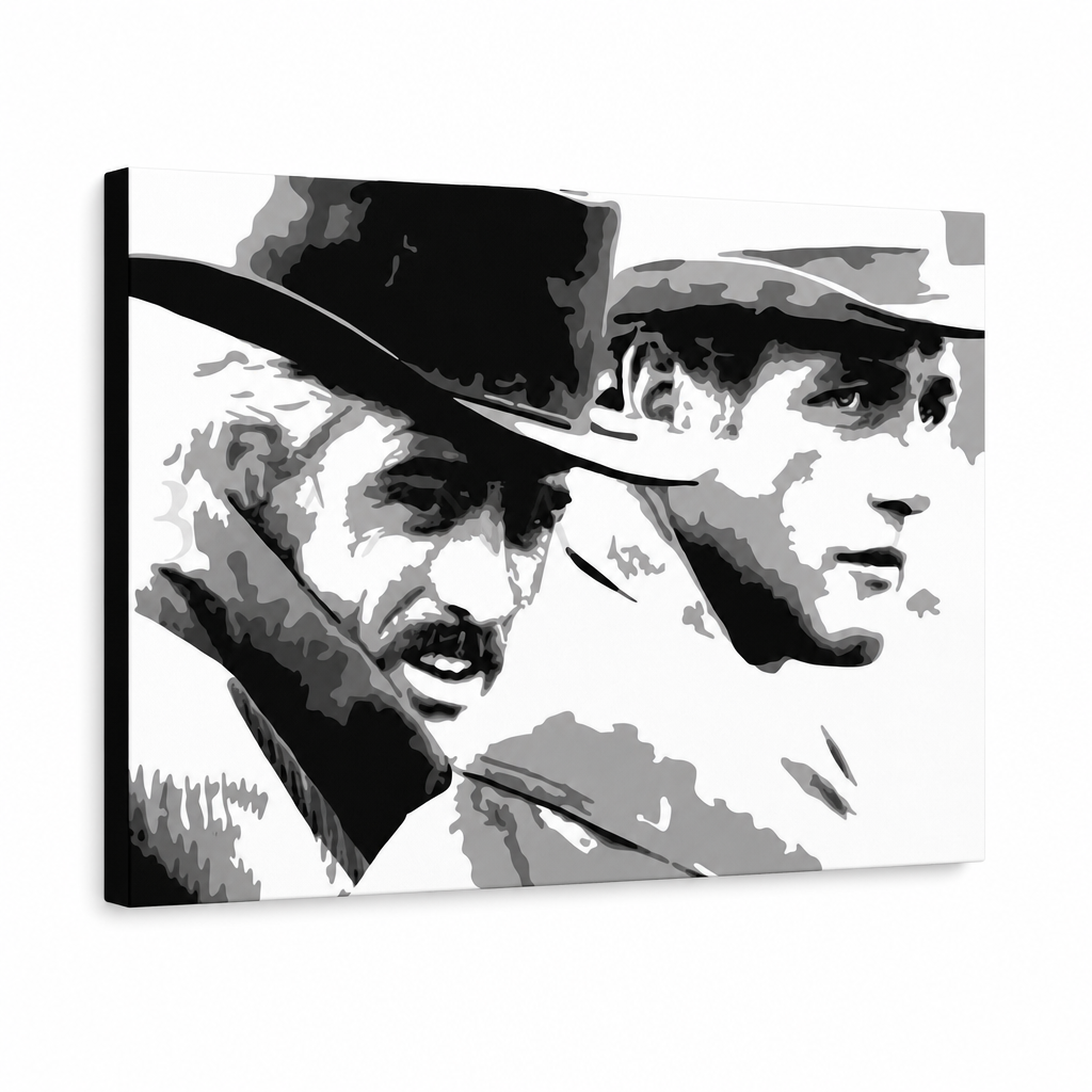 Χειροποίητος πίνακας ζωγραφικής POP Art Butch Cassidy 1 κομμάτι bc – Τρισδιάστατη απεικόνιση του χειροποίητα ζωγραφισμένου καμβά σε λευκό φόντο. Κυρίαρχα χρώματα: μαύρο, λευκό, γκρι.