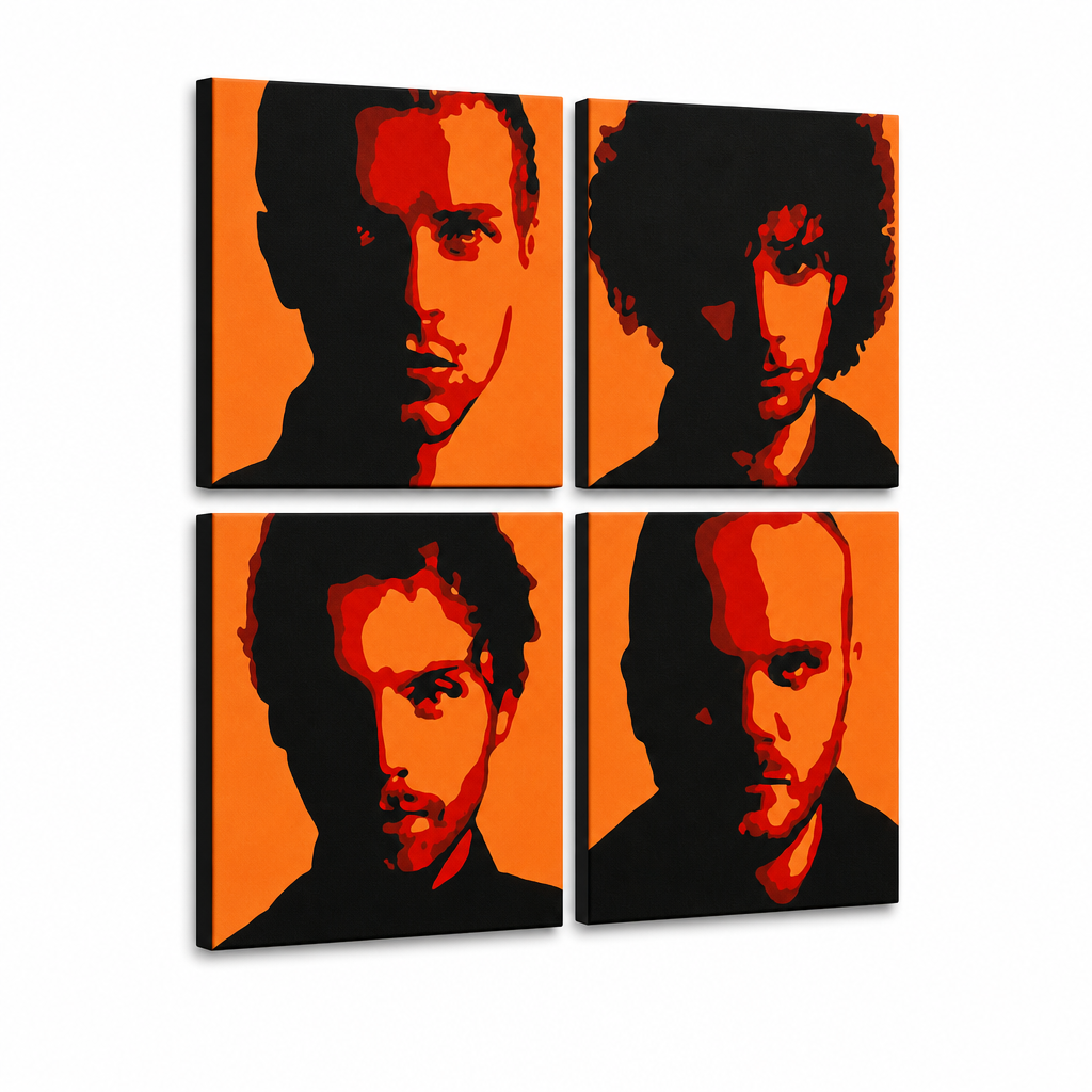 Χειροποίητος πίνακας ζωγραφικής POP Art Coldplay 4 τεμάχια cp2 – Τρισδιάστατη απεικόνιση του χειροποίητα ζωγραφισμένου καμβά σε λευκό φόντο. Κυρίαρχα χρώματα: μαύρο, πορτοκαλί, κόκκινο.