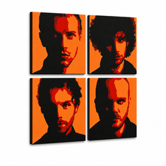 Χειροποίητος πίνακας ζωγραφικής POP Art Coldplay 4 τεμάχια cp2 – Τρισδιάστατη απεικόνιση του χειροποίητα ζωγραφισμένου καμβά σε λευκό φόντο. Κυρίαρχα χρώματα: μαύρο, πορτοκαλί, κόκκινο.
