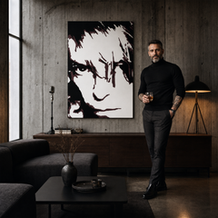 Χειροποίητος πίνακας ζωγραφικής POP Art David Bowie 1 τεμάχιο db – πίνακας σε μοντέρνο αντρικό εσωτερικό, lifestyle απεικόνιση. Κυρίαρχα χρώματα: μαύρο, καφέ, λευκό.