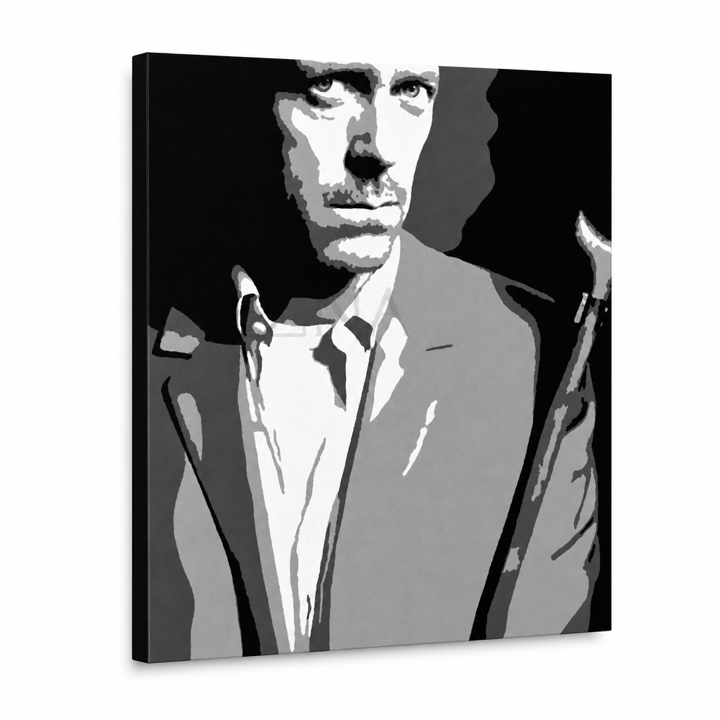 Χειροποίητος πίνακας ζωγραφικής POP Art Dr. HOUSE 1 κομμάτι dh2 – Τρισδιάστατη απεικόνιση του χειροποίητα ζωγραφισμένου καμβά σε λευκό φόντο. Κυρίαρχα χρώματα: μαύρο, λευκό, γκρι.