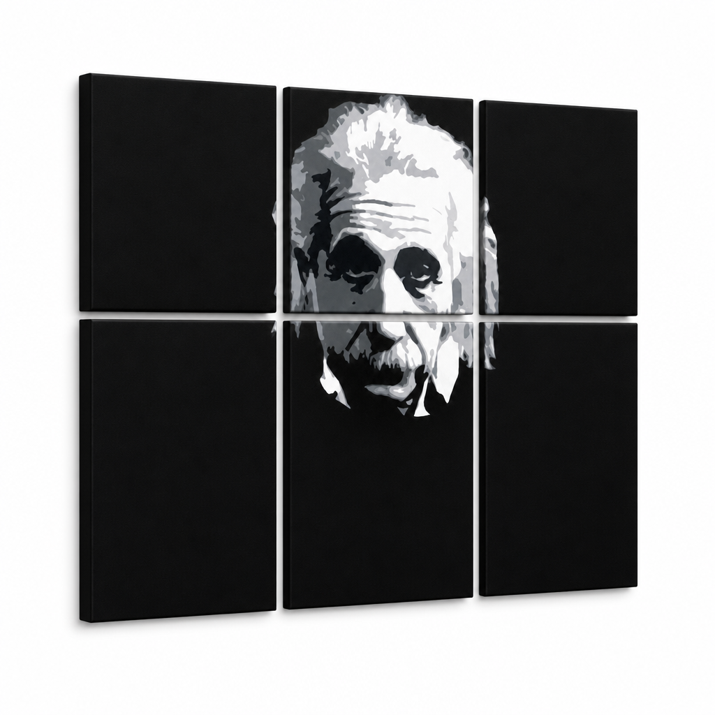 Χειροποίητος πίνακας ζωγραφικής POP Art Einstein 6 μέρη einstein – Τρισδιάστατη απεικόνιση του χειροποίητα ζωγραφισμένου καμβά σε λευκό φόντο. Κυρίαρχα χρώματα: μαύρο, λευκό, γκρι.