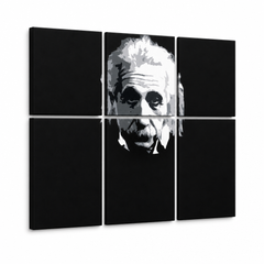 Χειροποίητος πίνακας ζωγραφικής POP Art Einstein 6 μέρη einstein – Τρισδιάστατη απεικόνιση του χειροποίητα ζωγραφισμένου καμβά σε λευκό φόντο. Κυρίαρχα χρώματα: μαύρο, λευκό, γκρι.
