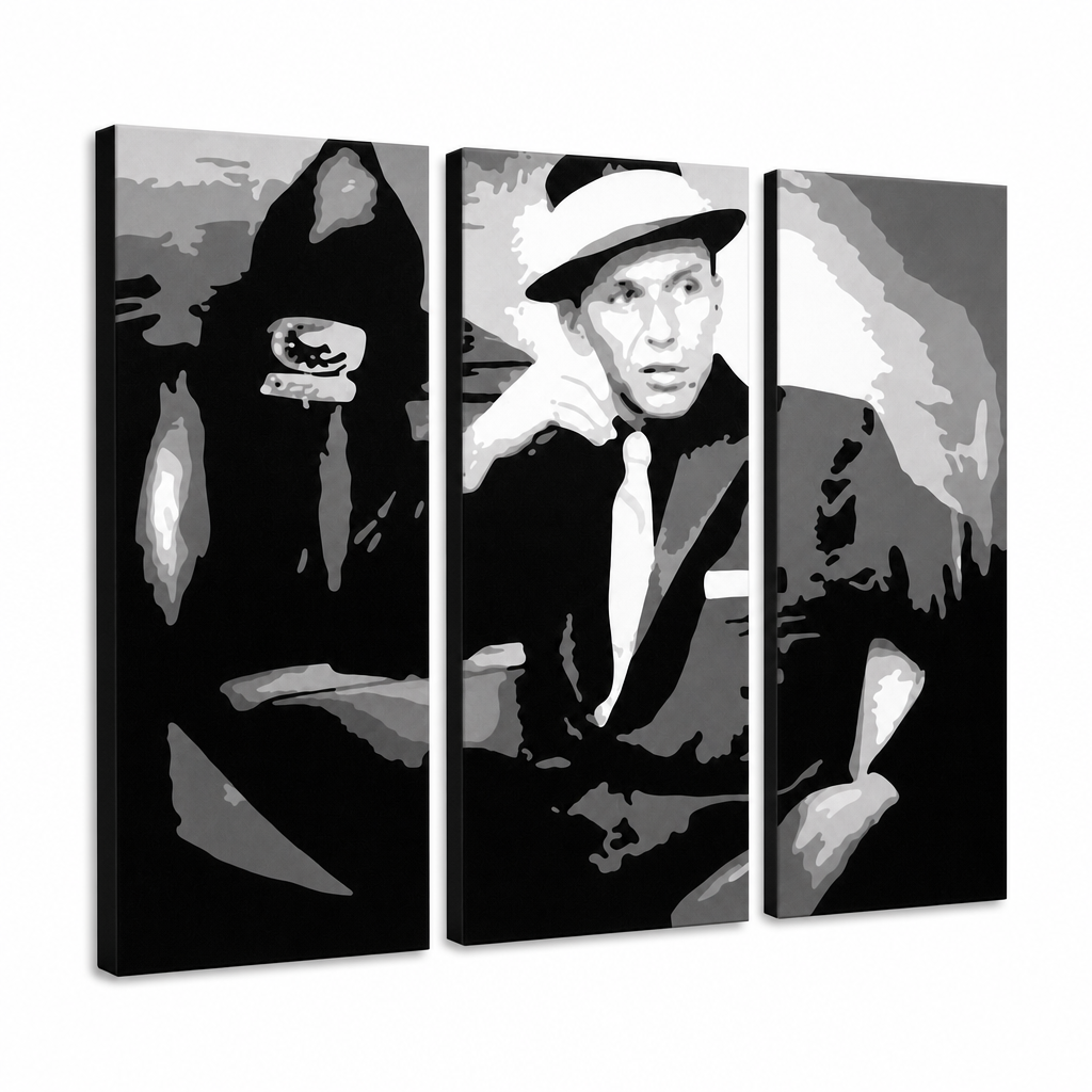 Χειροποίητος πίνακας ζωγραφικής POP Art Frank Sinatra 3 piece sin – Τρισδιάστατη απεικόνιση του χειροποίητα ζωγραφισμένου καμβά σε λευκό φόντο. Κυρίαρχα χρώματα: μαύρο, λευκό, γκρι.
