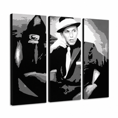 Χειροποίητος πίνακας ζωγραφικής POP Art Frank Sinatra 3 piece sin – Τρισδιάστατη απεικόνιση του χειροποίητα ζωγραφισμένου καμβά σε λευκό φόντο. Κυρίαρχα χρώματα: μαύρο, λευκό, γκρι.